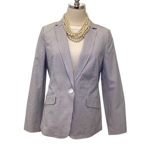 Talbots Blazer Jacket Seersucker Stripe Blue White Button Front Preppy - Size 6